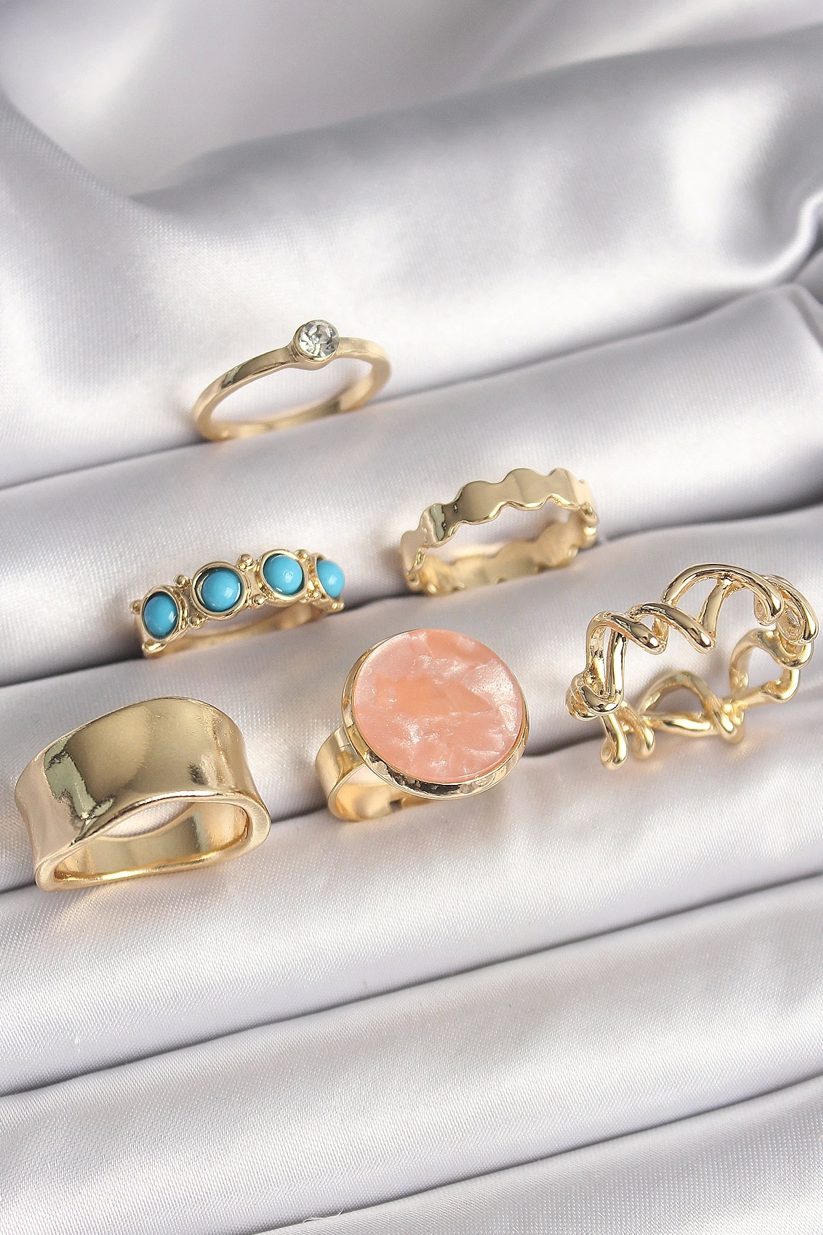 Butik Pirinç Gold Renk Daire Pembe Mineli Zirkon Taş Detaylı 6'Lı Kadın