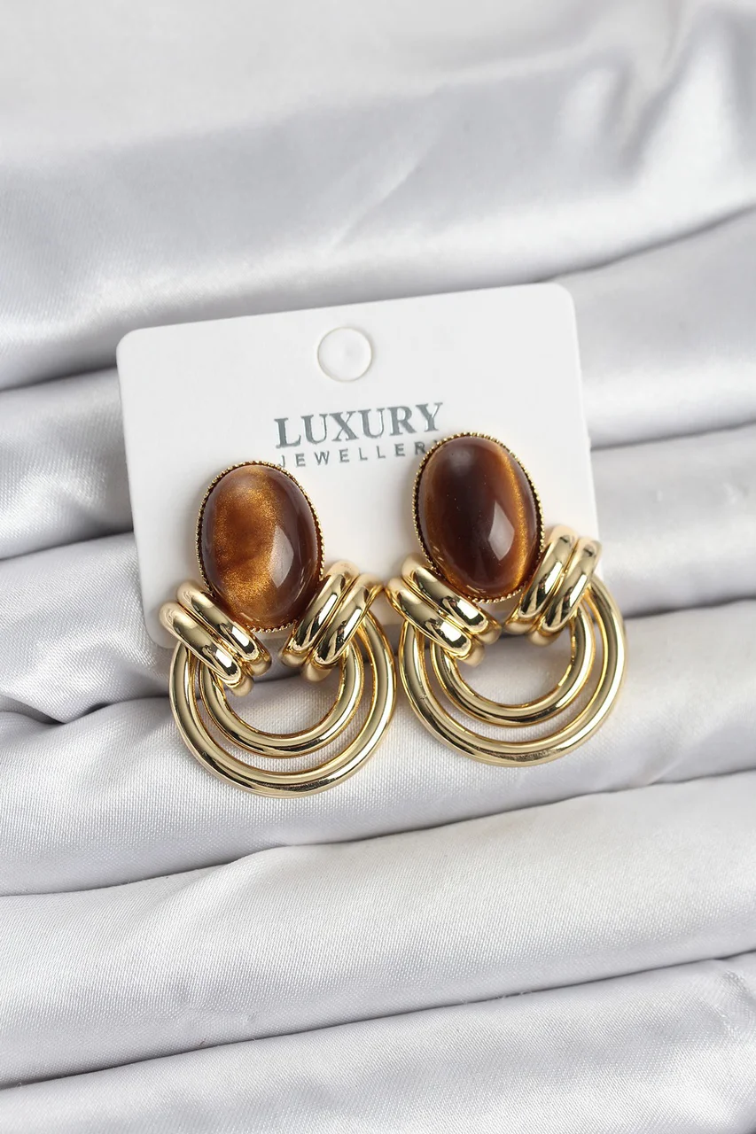 Pirinç Gold Renk Kahverengi Taşlı Vintage Kadın Küpe Çok Renkli