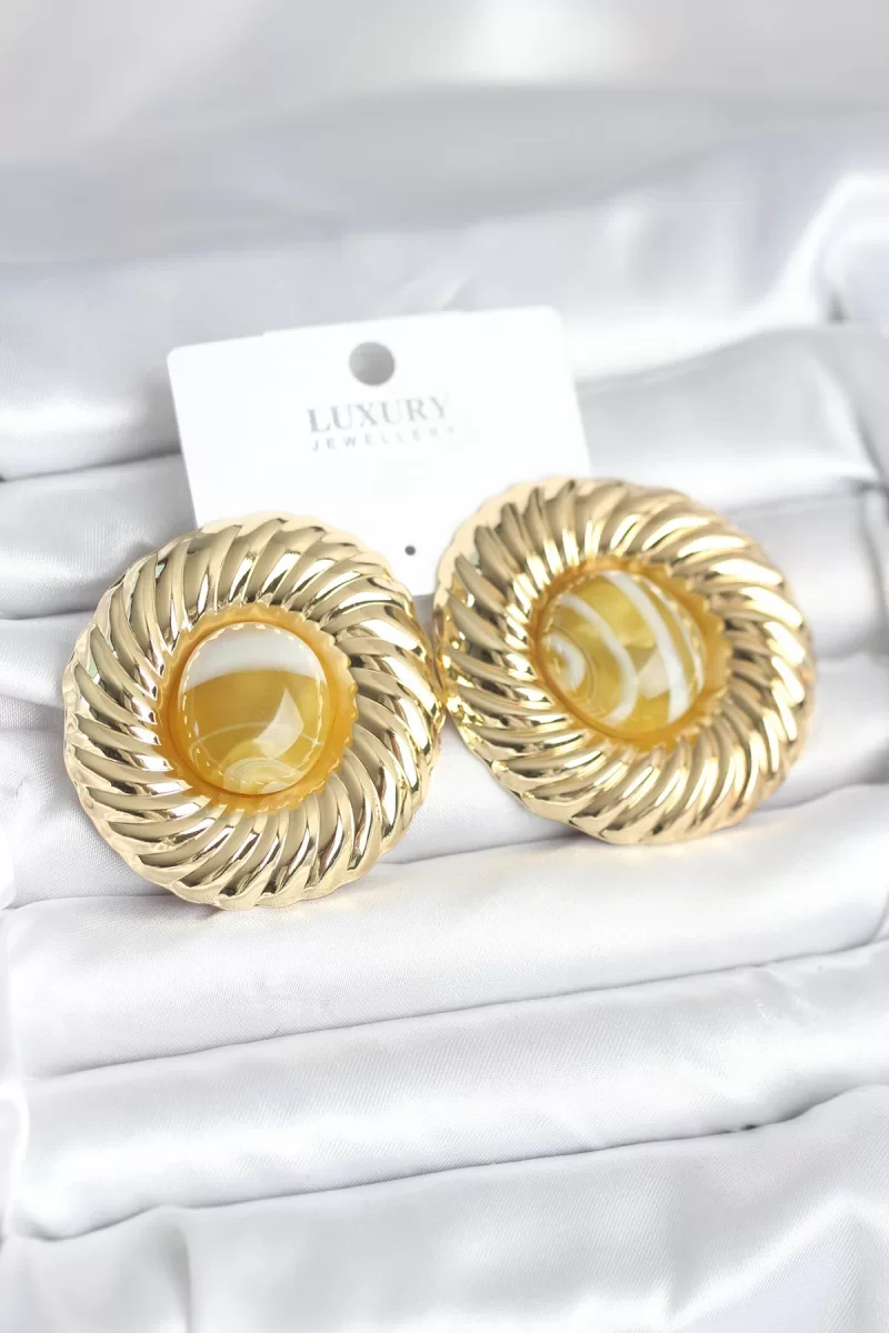 Pirinç Gold Renk Kehribar Boncuklu Vintage Kadın Küpe - Lisinya