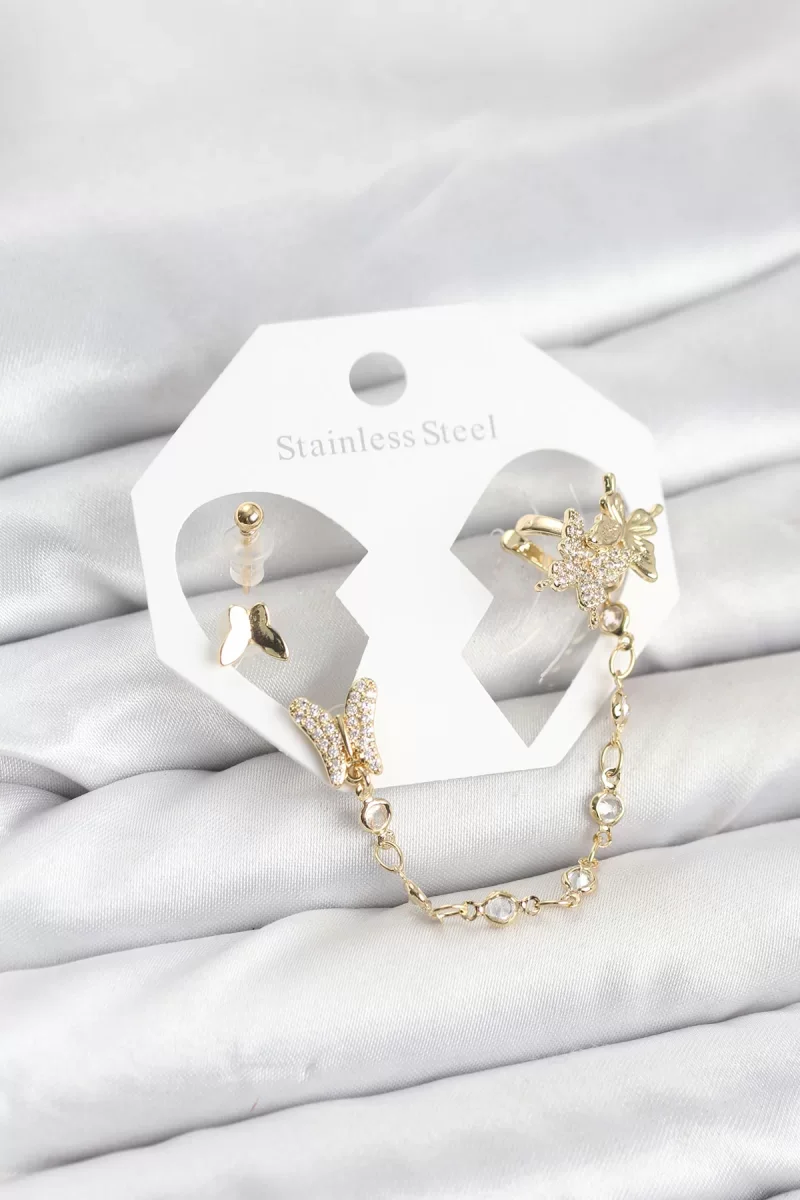Pirinç Gold Renk Kelebek Model Zincir Bağlantılı Ear Cuff Küpe Seti - Lisinya