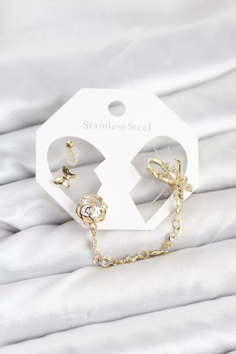 Pirinç Gold Renk Kelebekli Model Zincir Bağlantılı Ear Cuff Küpe Seti - Lisinya