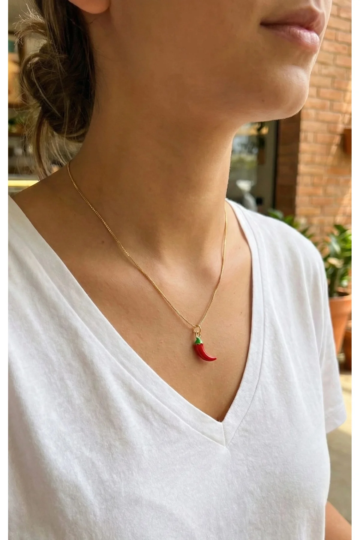 Pirinç Gold Renk Kırmızı Kapya Biber Model Kadın Kolye Pirinç Gold Renk Kırmızı Kapya Biber Model Kadın Kolye