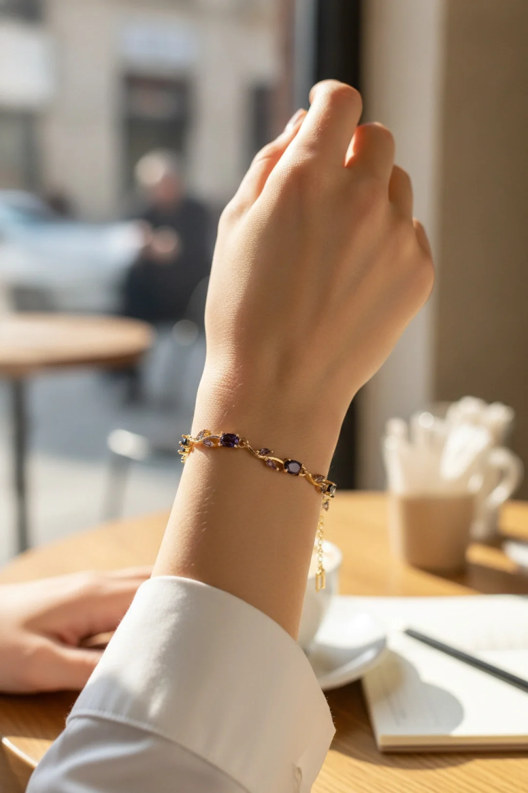 Pirinç Gold Renk Mor Zirkon Taşlı Çiçek Model Kadın Bileklik