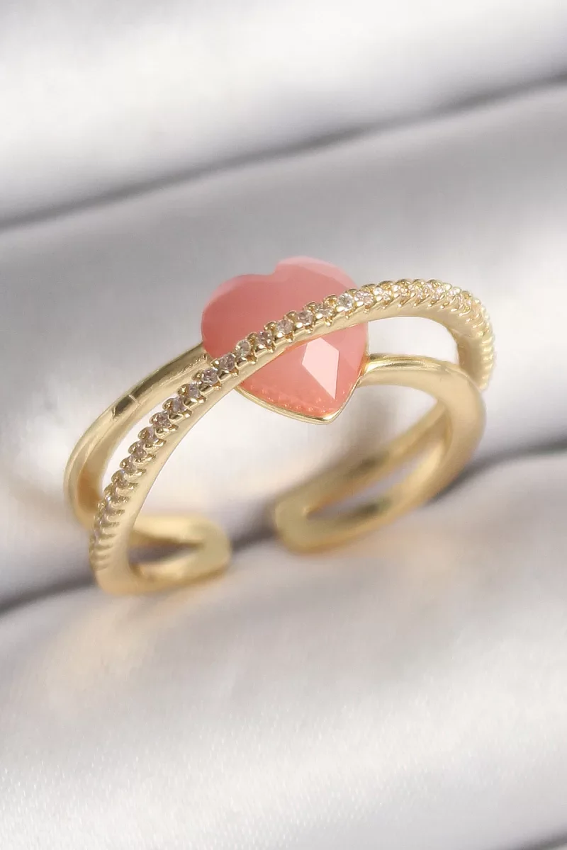 Pirinç Gold Renk Pembe Kristal Kalp Model Zirkon Taş Detaylı Kadın Yüzük - Lisinya