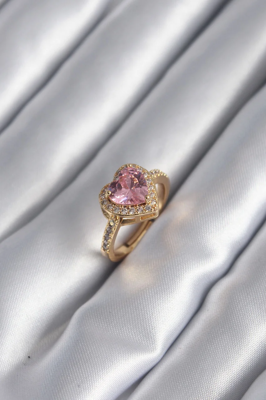 Pirinç Gold Renk Pembe Zirkon Taşlı Charm Kalp Model Kadın Yüzük Tj-byk2951 Diğer