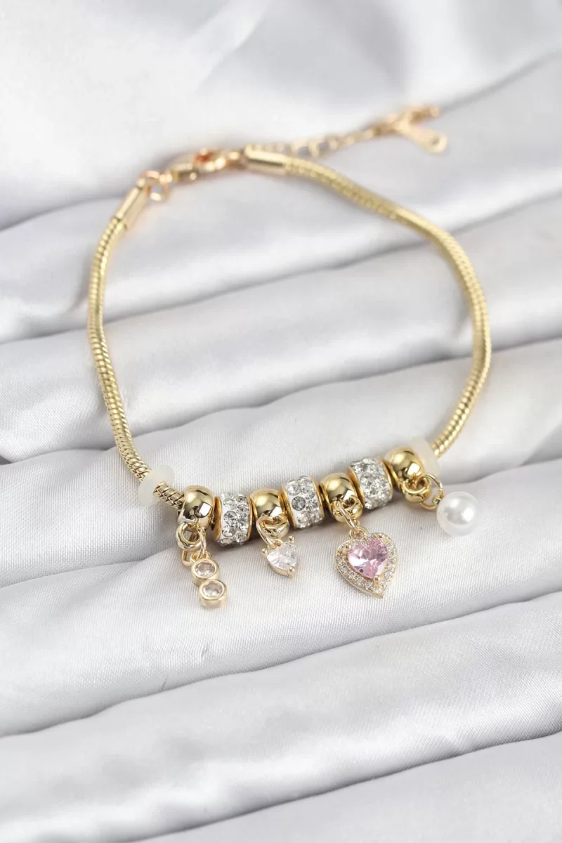Pirinç Gold Renk Pembe Kalp Charmlı Kadın Bileklik - Lisinya