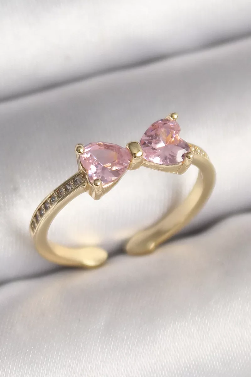 Pirinç Gold Renk Pembe Zirkon Taşlı Kalp Fiyonk Model Kadın Yüzük - Lisinya
