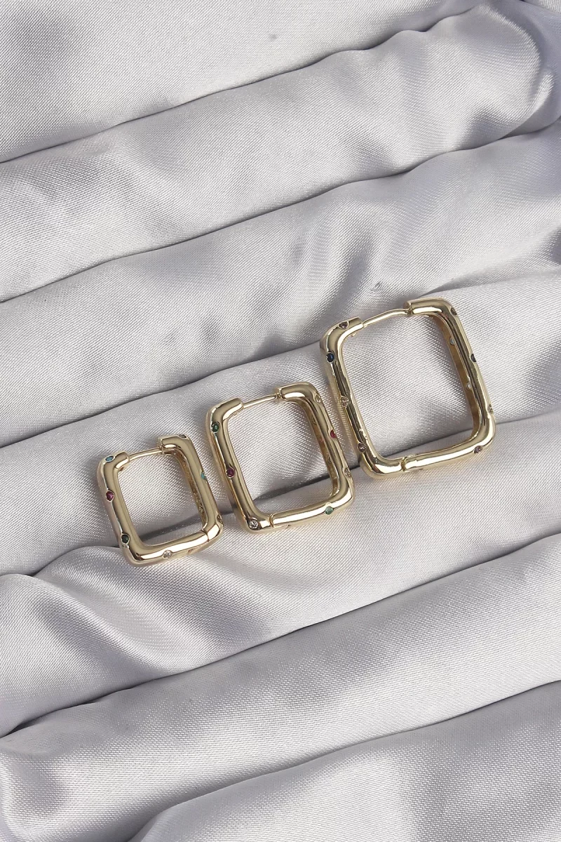 Pirinç Gold Renk Renkli Zirkon Taşlı Kare Model Küpe Seti - Lisinya