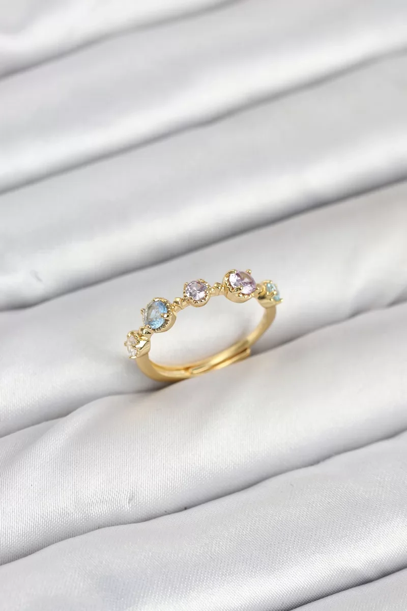 Pirinç Gold Renk Renkli Zirkon Taşlı Kadın Yüzük - Lisinya