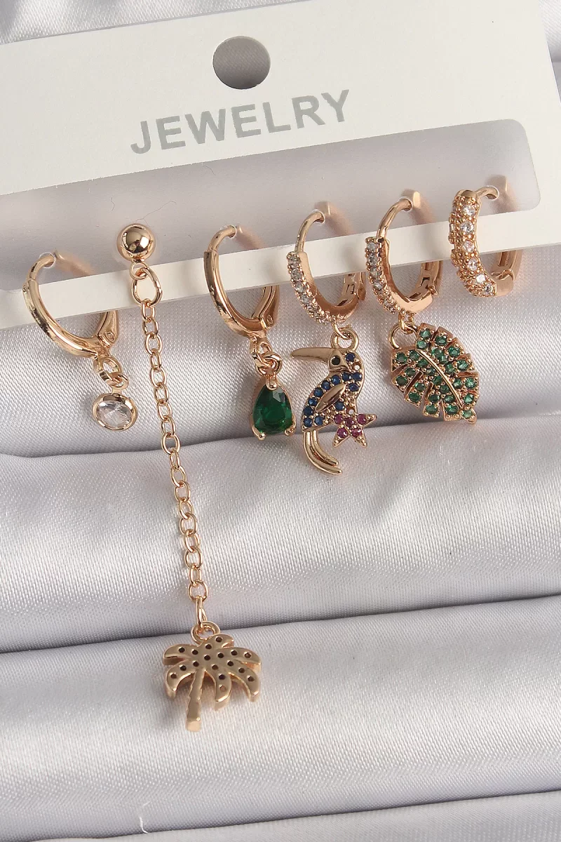 Pirinç Gold Renk Sallantı Zirkon Taşlı Ağaç Figür Kadın Küpe Seti - Lisinya