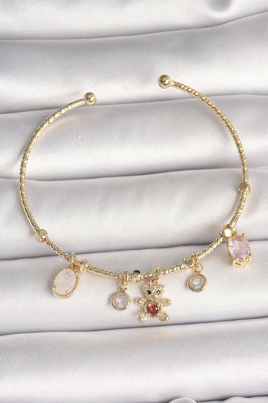 Pirinç Gold Renk Sallantı Zirkon Taşlı Ayıcık Figür Kırmızı Kalp Detay Charm Kadın Bileklik Tj-bb6896 Diğer