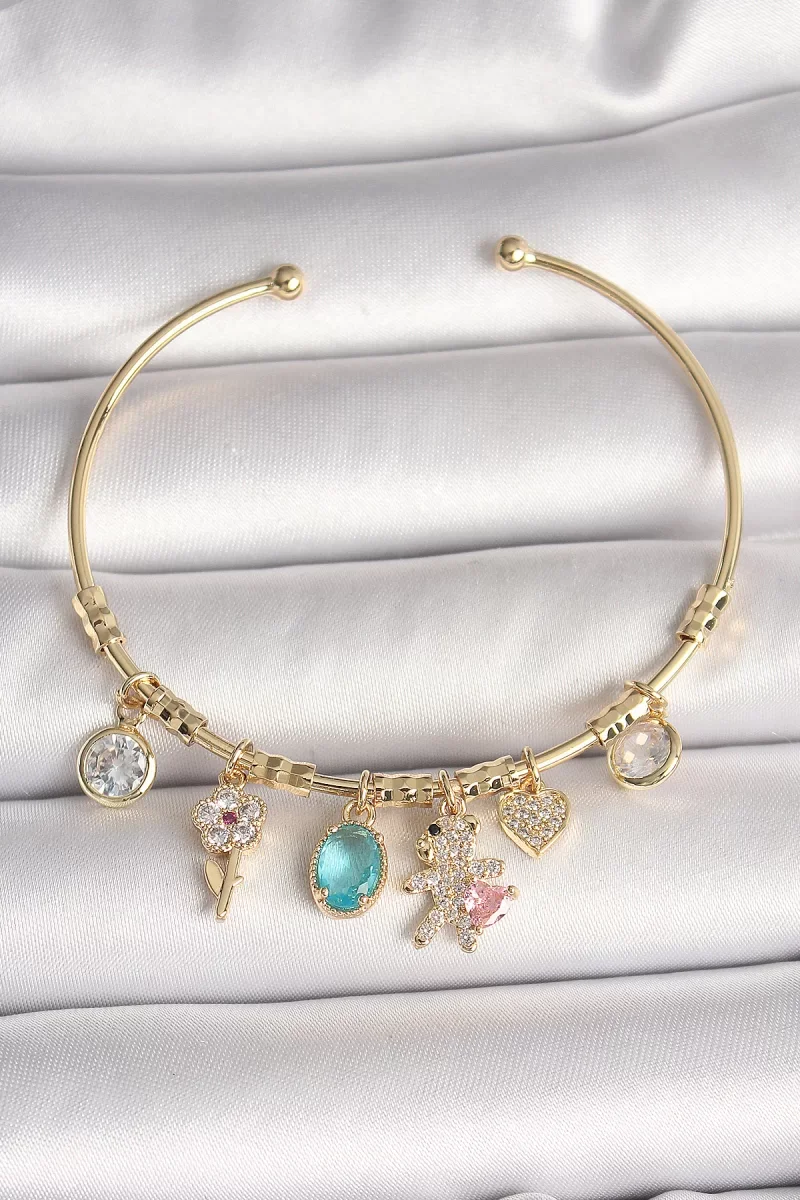Pirinç Gold Renk Sallantı Zirkon Taşlı AYıcık Figür Kalp Detay Charm Kadın Bileklik - Lisinya
