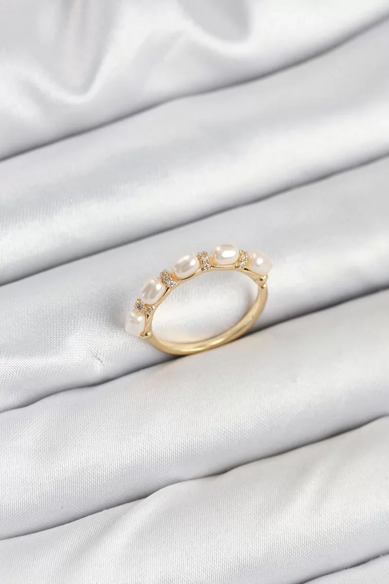 Pirinç Gold Renk Sıralı İncili Kadın Yüzük - Lisinya