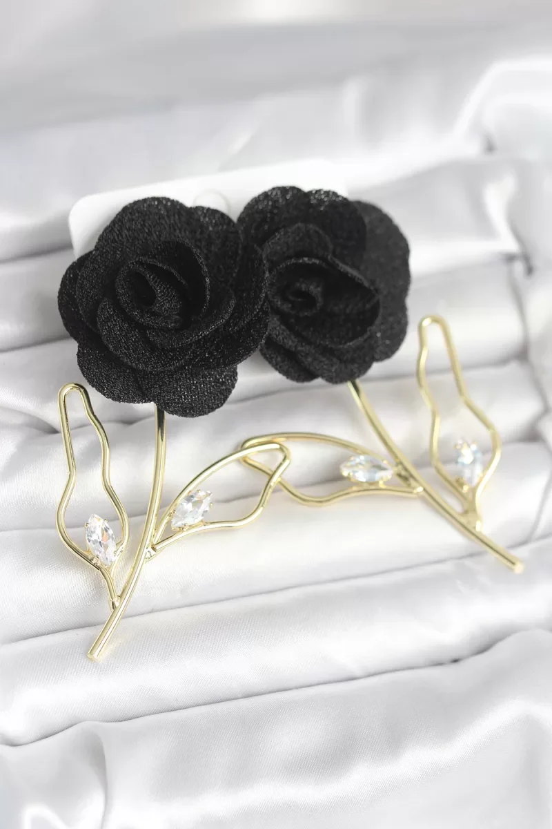Pirinç Gold Renk Siyah Gül Model Kadın Küpe - Lisinya