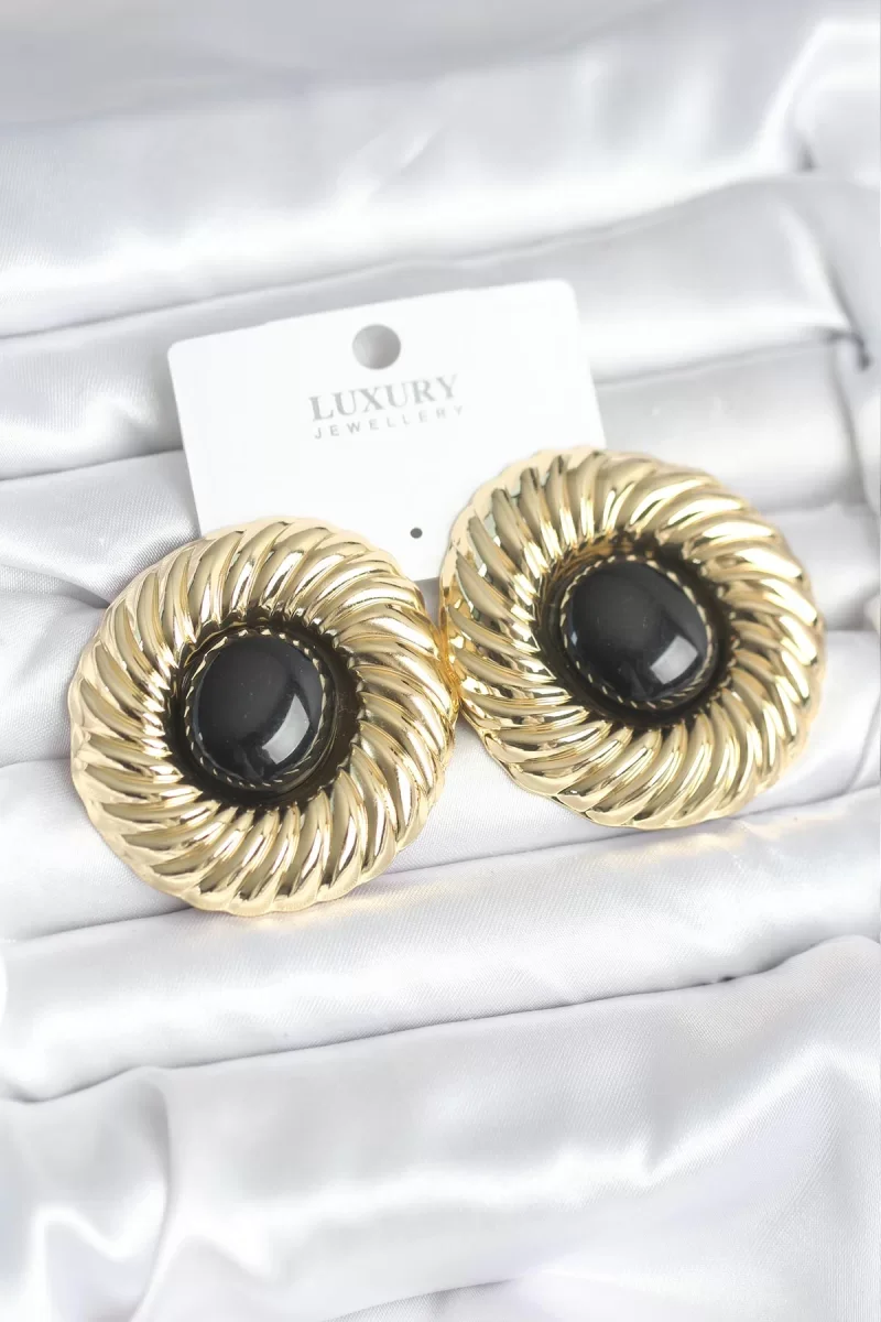 Pirinç Gold Renk Siyah Boncuklu Vintage Kadın Küpe - Lisinya