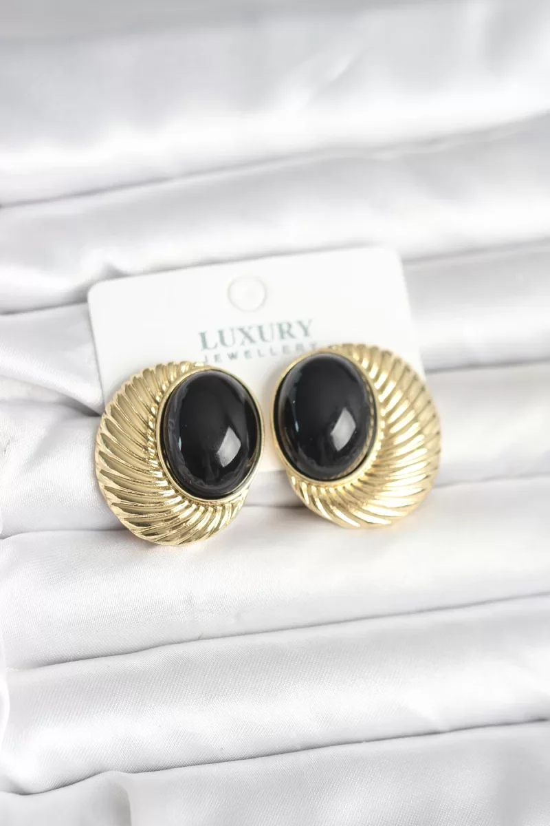 Pirinç Gold Renk Siyah Boncuklu Oval Vintage Kadın Küpe - Lisinya