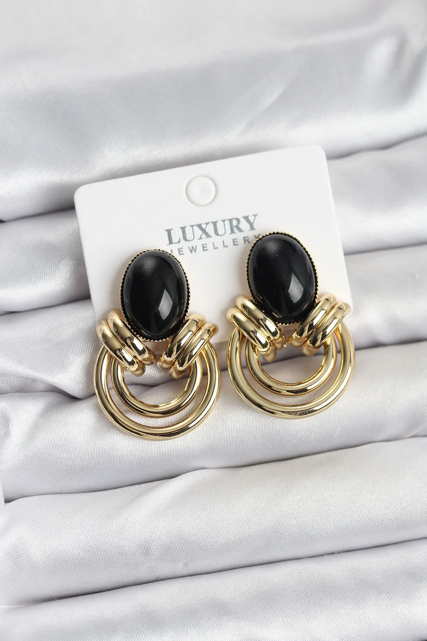 Pirinç Gold Renk Siyah Taşlı Vintage Kadın Küpe Çok Renkli