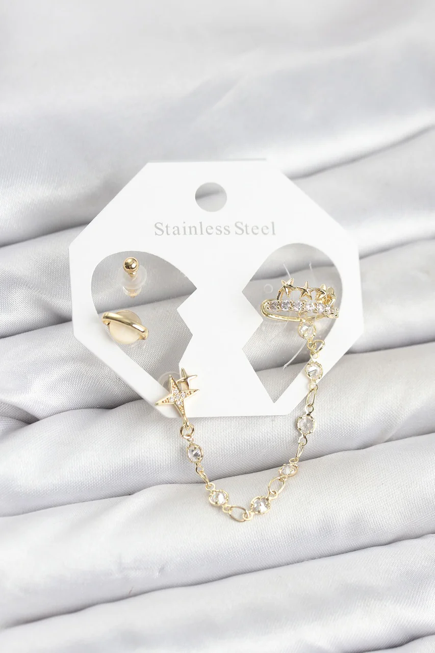 Pirinç Gold Renk Uzay Model Zincir Bağlantılı Ear Cuff Küpe Seti Tj-bkp11542 Diğer