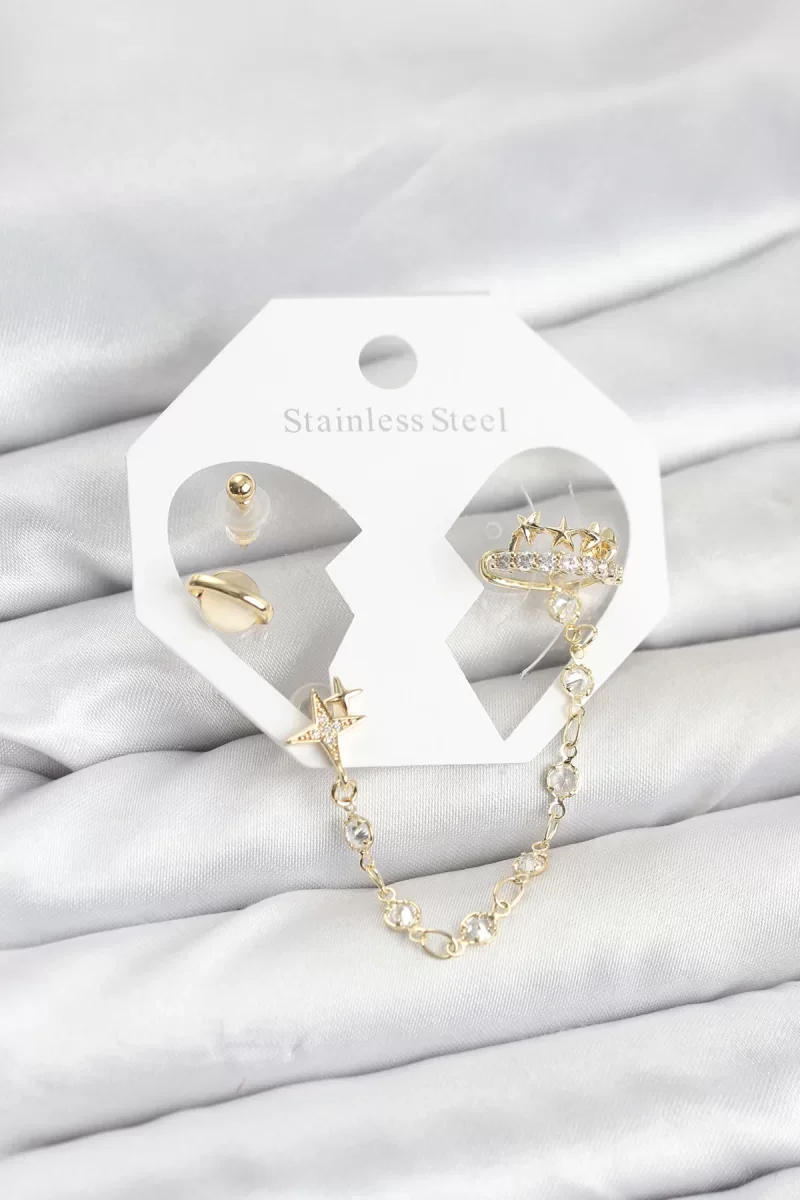 Pirinç Gold Renk Uzay Model Zincir Bağlantılı Ear Cuff Küpe Seti - Lisinya