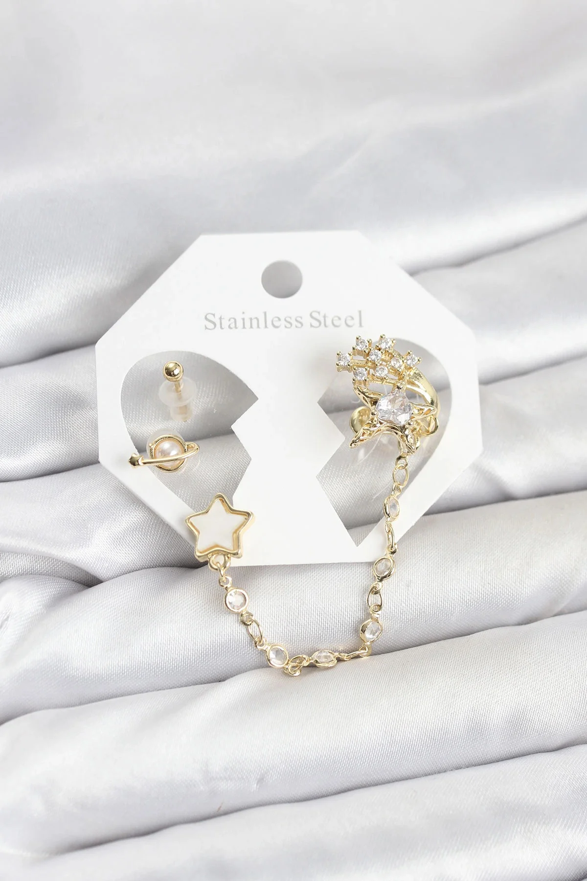 Pirinç Gold Renk Yıldız Model Zincir Bağlantılı Ear Cuff Küpe Set