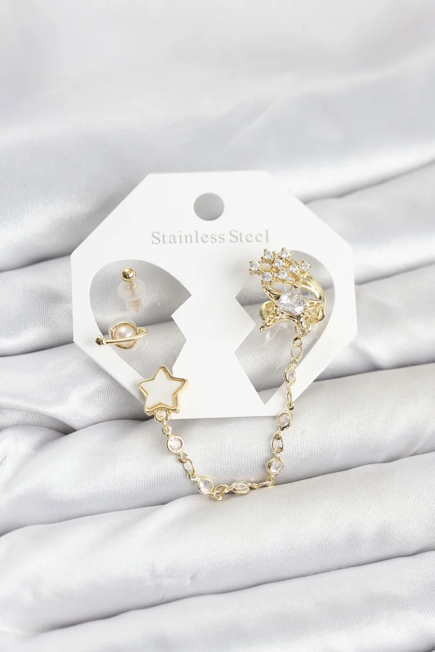 Pirinç Gold Renk Yıldız Model Zincir Bağlantılı Ear Cuff Küpe Seti Tj-bkp11538 Diğer