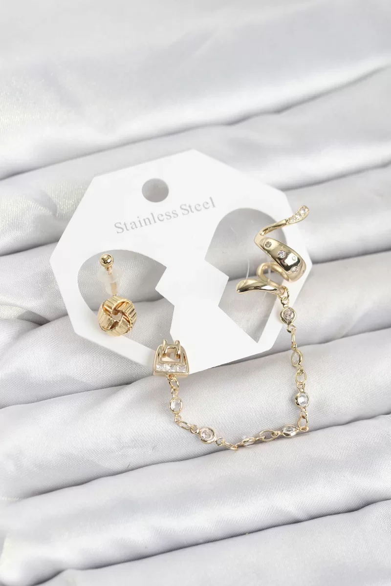 Pirinç Gold Renk Yılan Model Zincir Bağlantılı Ear Cuff Küpe Seti - Lisinya