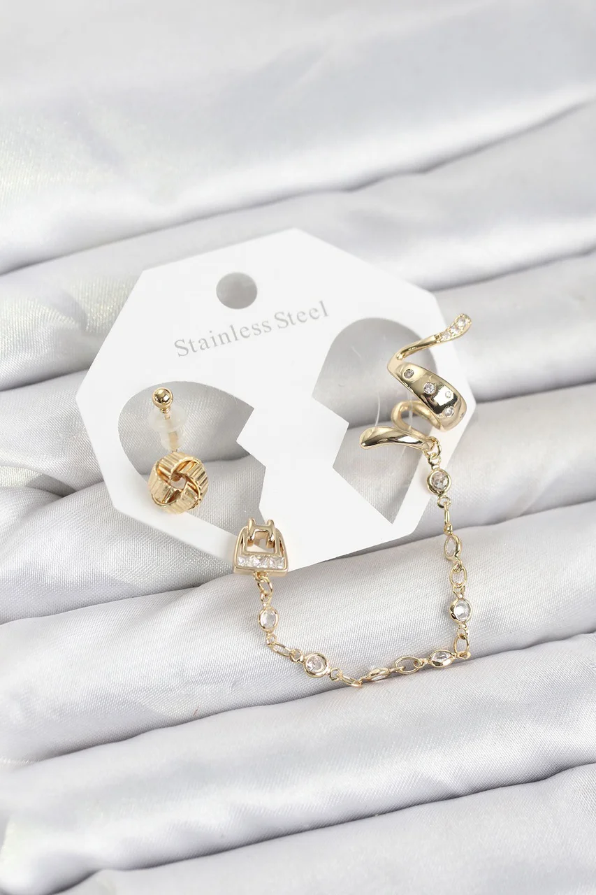 Pirinç Gold Renk Yılan Model Zincir Bağlantılı Ear Cuff Küpe Seti Tj-bkp11532 Diğer