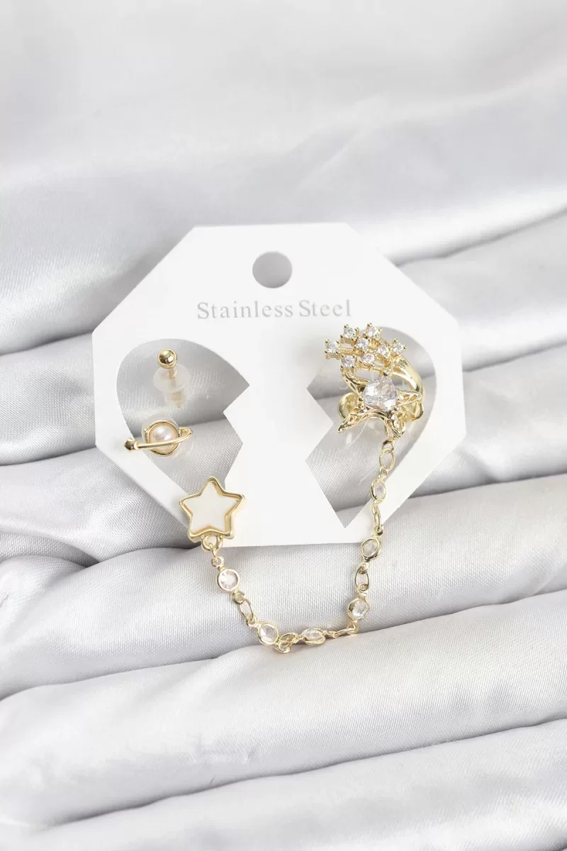 Pirinç Gold Renk Yıldız Model Zincir Bağlantılı Ear Cuff Küpe Seti - Lisinya