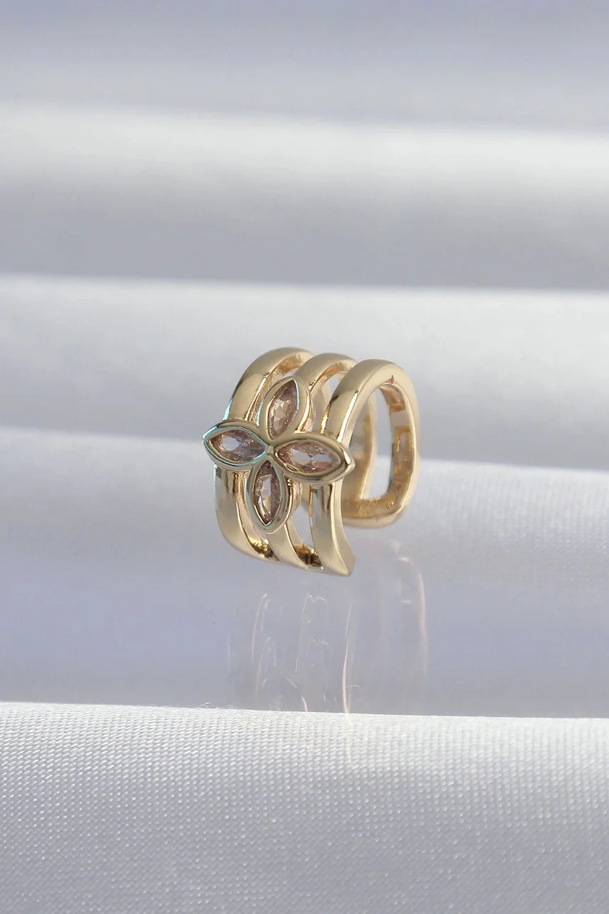 Pirinç Gold Renk Yonca Earcuff Küpe Çok Renkli
