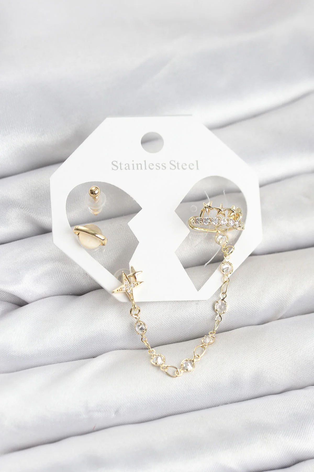 Pirinç Gold Renk Zincir Bağlantılı Ear Cuff Küpe Seti 5886 - Klasik & Spor Modelleri