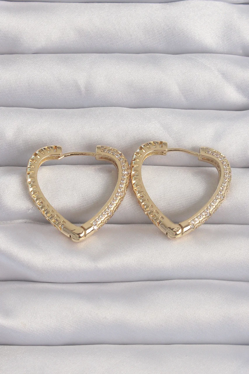 Pirinç Gold Renk Zirkon Taşlı Motifli Kalp Küpe Tj-bkp9285 Diğer