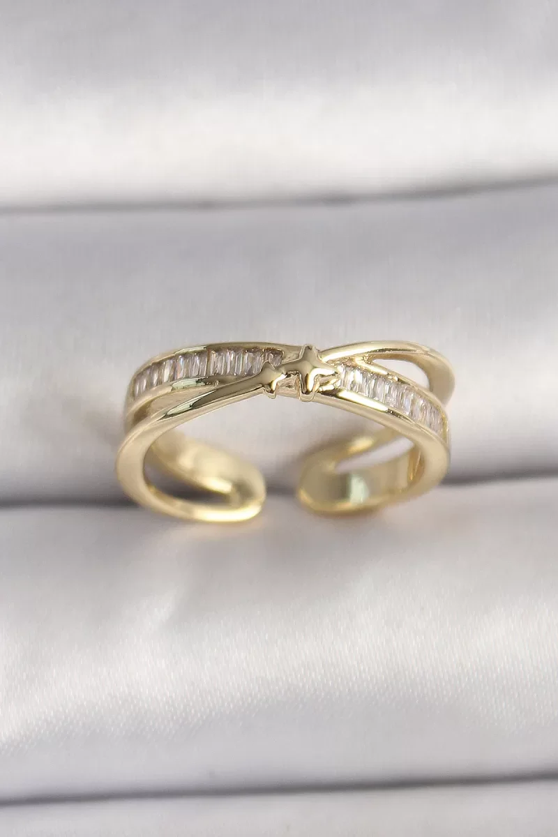 Pirinç Gold Renk Zirkon Taşlı Yıldız Detaylı Ayarlanabilir Kadın Yüzük - Lisinya