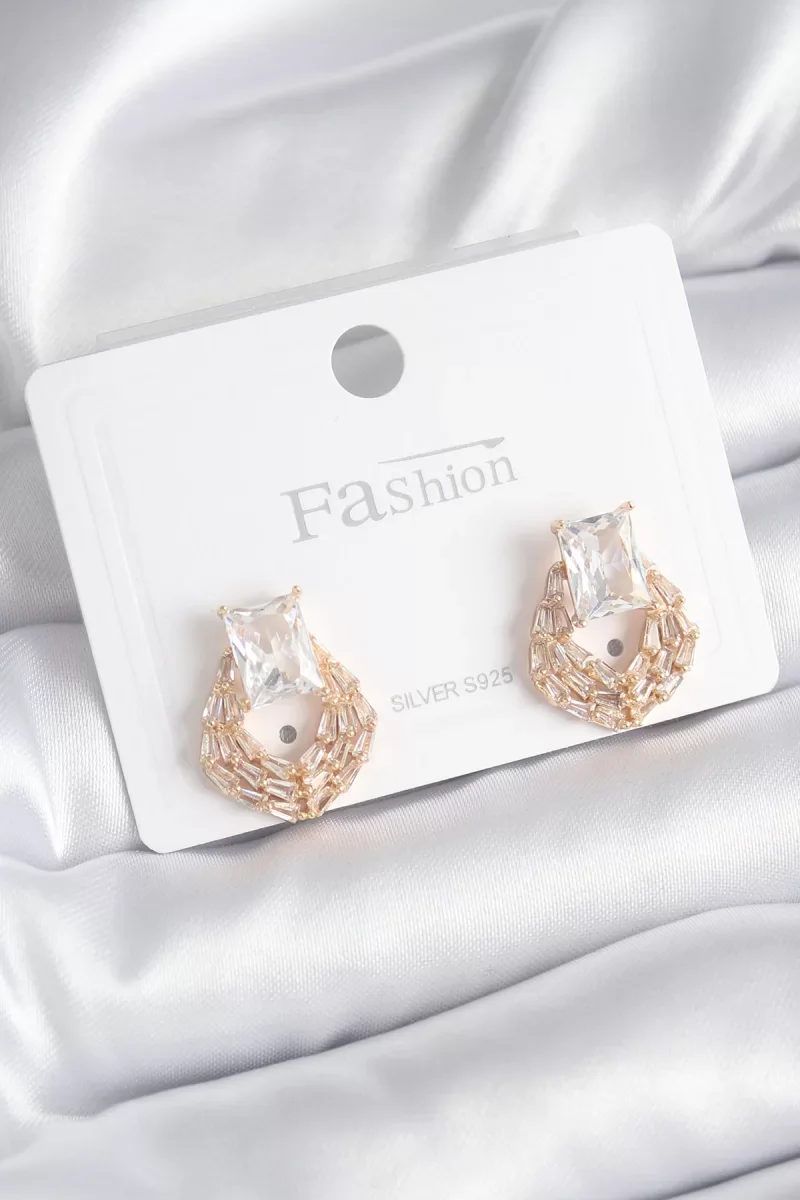 Pirinç Gold Renk Zirkon Taşlı Kadın Küpe - Lisinya