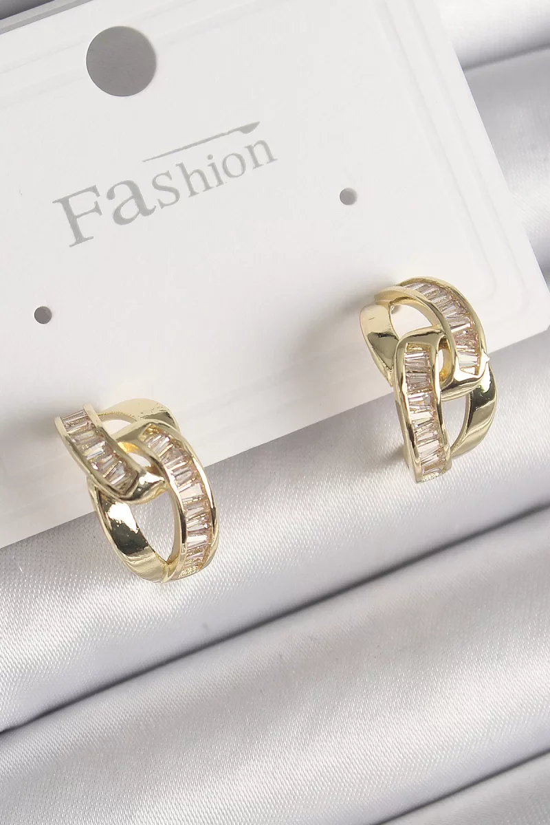 Pirinç Gold Renk Zirkon Taşlı Zincir Model Kadın Küpe - Lisinya