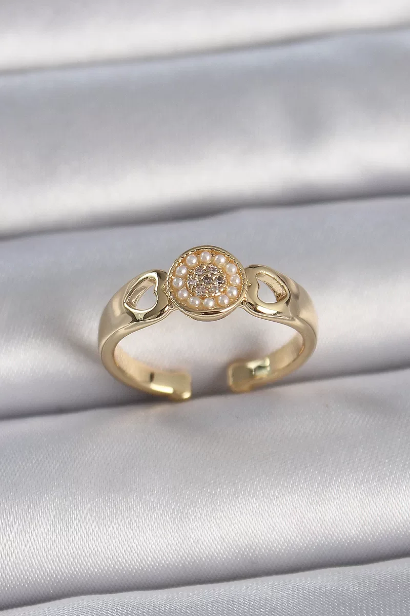 Pirinç Gold Renk Zirkon Taşlı İncili Kalp İşleme Detay Ayarlanabilir Kadın Yüzük - Lisinya