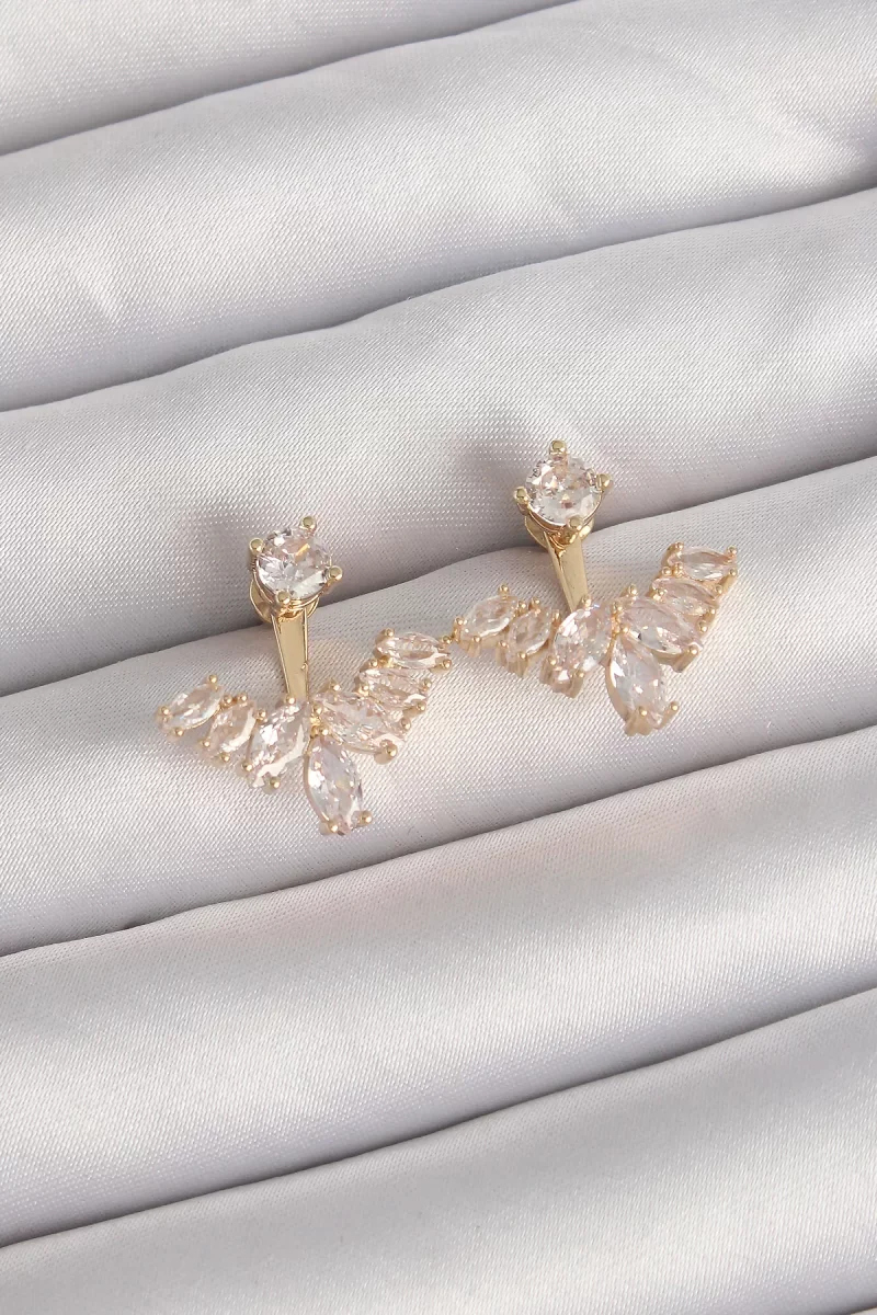 Pirinç Gold Renk Zirkon Taşlı V Model Küpe - Lisinya