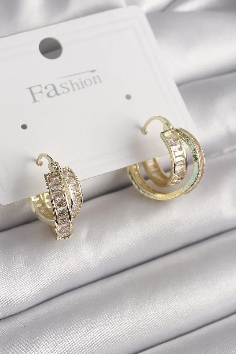 Pirinç Gold Renk Zirkon Taşlı Halka Model Kadın Küpe - Lisinya