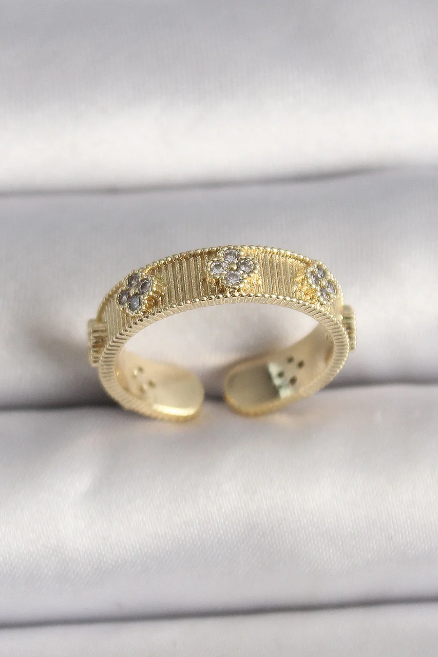 Pirinç Gold Renk Zirkon Taşlı Yonca İşlemeli Ayarlanabilir Yüzük Tj-byk3545 Diğer