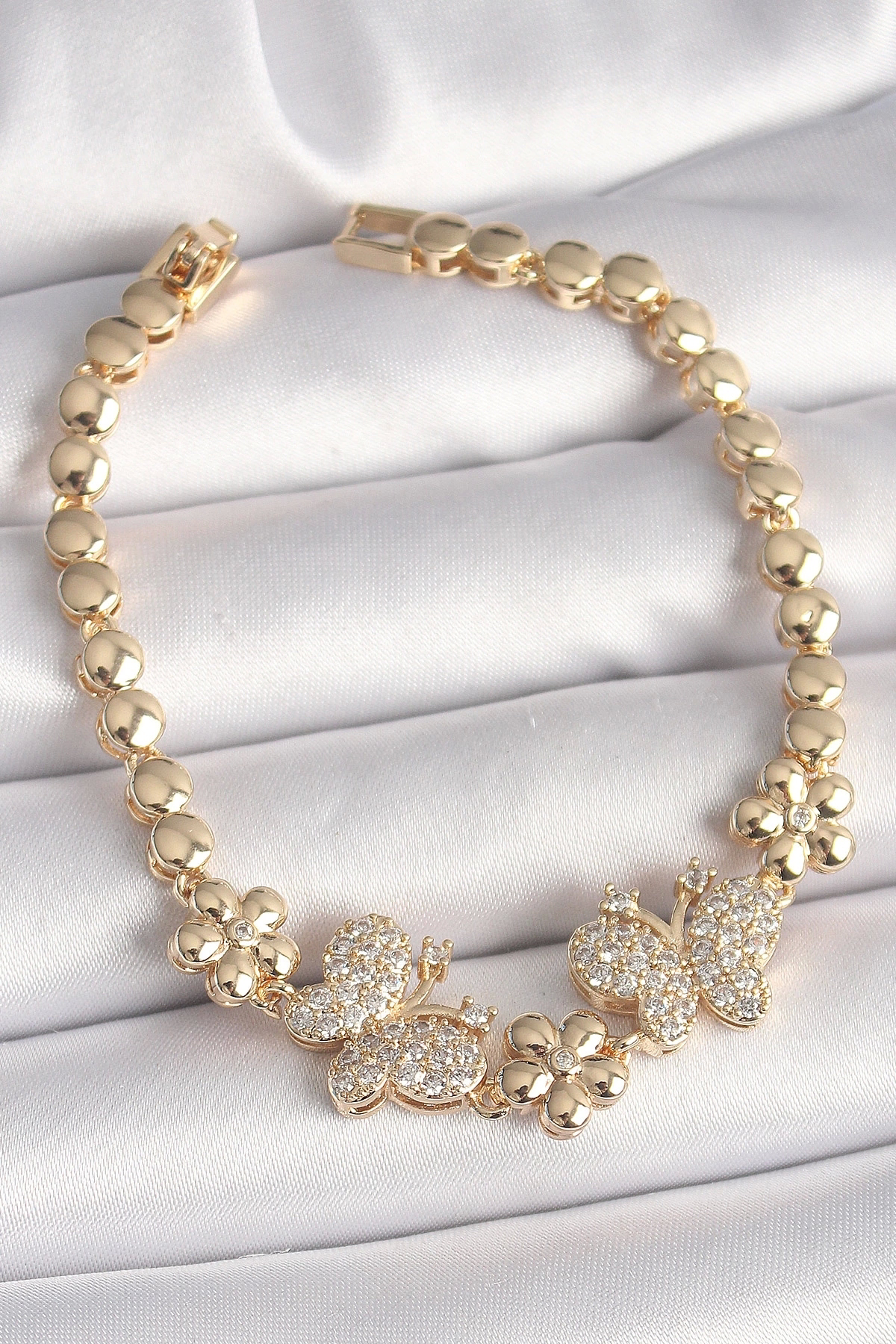 Butik Pirinç Gold Renk Zirkon Taşlı Kelebek Figür Çiçek Zincir Model Ka