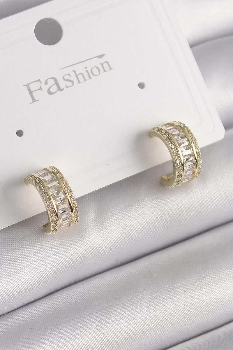 Pirinç Gold Renk Zirkon Taşlı Halka Model Kadın Küpe - Lisinya