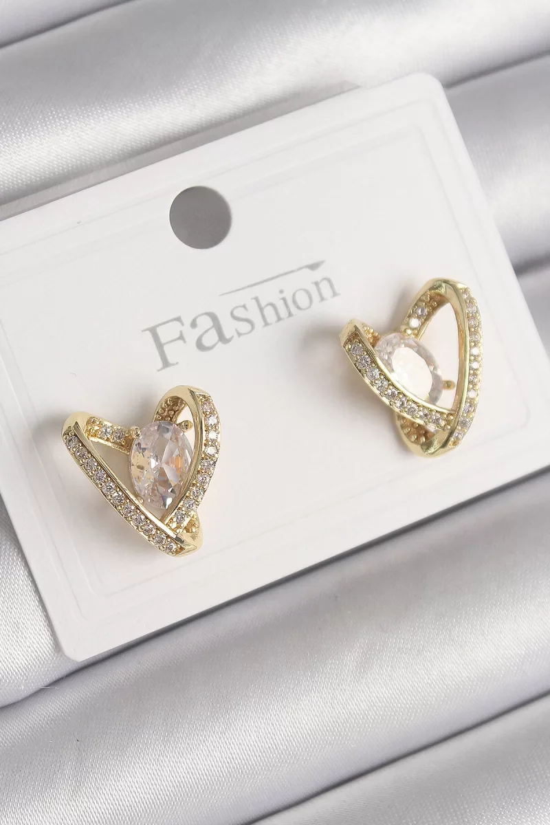 Pirinç Gold Renk Zirkon Taşlı Kalp Model Kadın Küpe - Lisinya