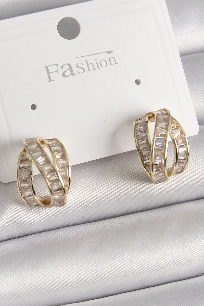 Pirinç Gold Renk Zirkon Taşlı Düğüm Halka Model Kadın Küpe - Lisinya
