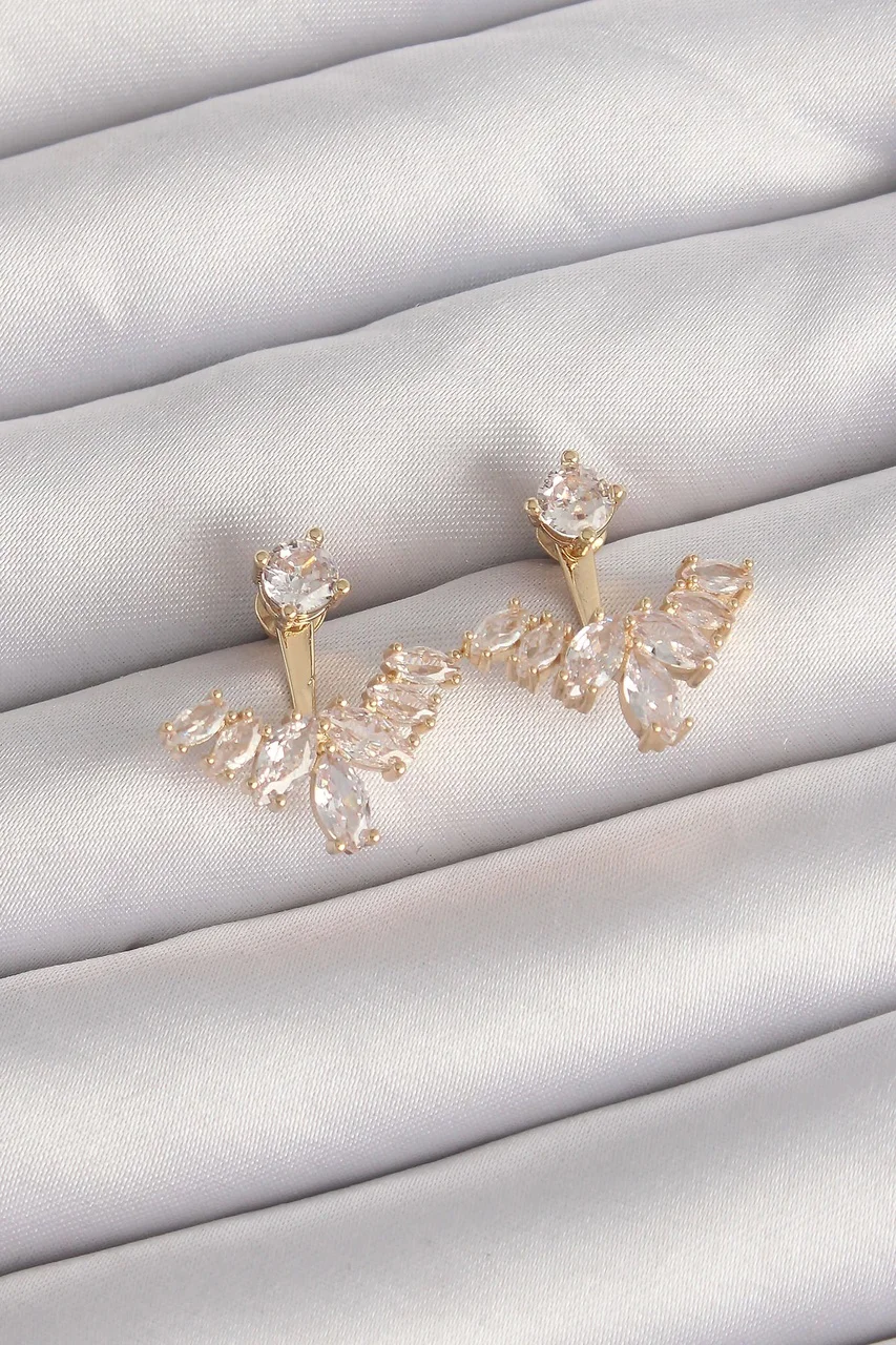 Pirinç Gold Renk Zirkon Taşlı V Model Küpe Çok Renkli