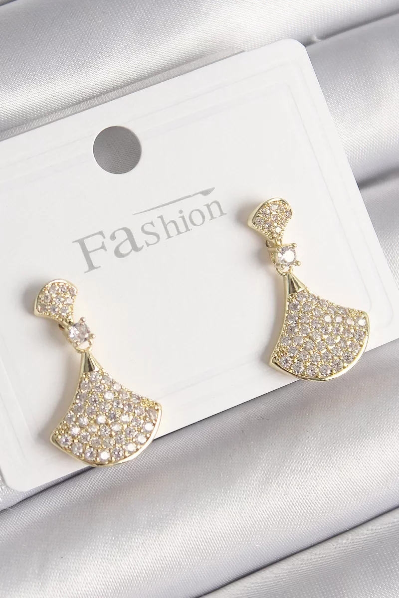 Pirinç Gold Renk Zirkon Taşlı Motif Model Kadın Küpe - Lisinya