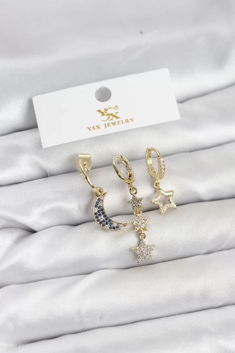 Pirinç Gold Renk Zirkon Taşlı Ay ve Yıldız Model YSX Trio Küpe Seti - Lisinya