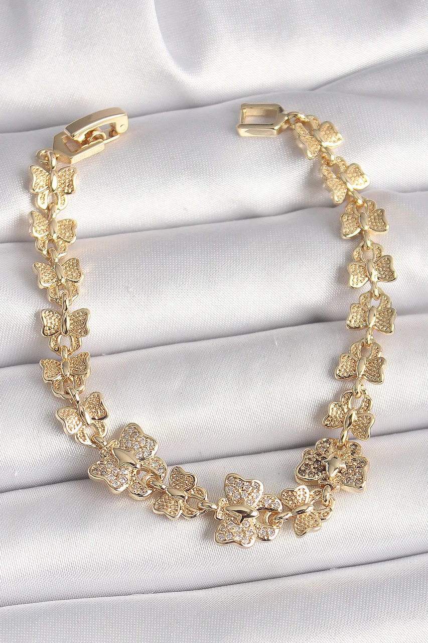 Pirinç Gold Renk Zirkon Taşlı Kelebek Model Zincir Kadın Bileklik - Lisinya Diğer