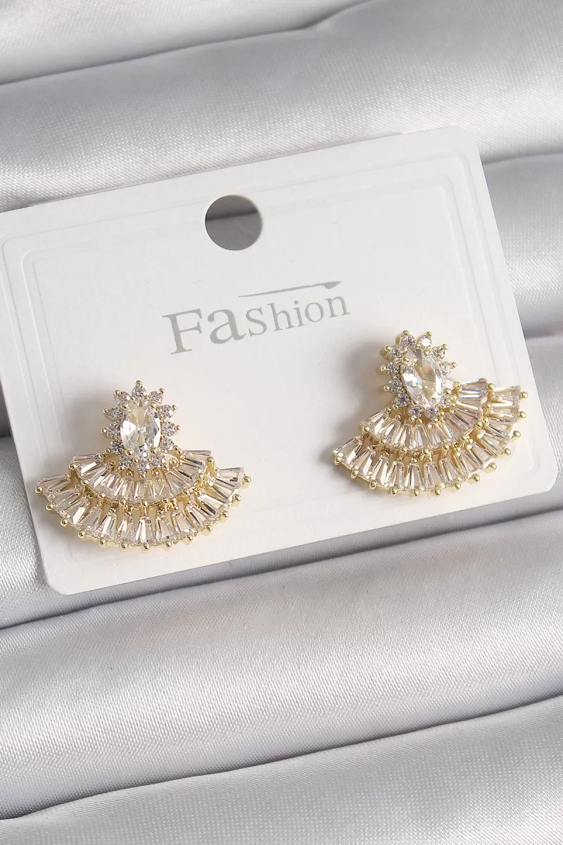 Pirinç Gold Renk Zirkon Taşlı Yelpaze Model Kadın Küpe - Lisinya