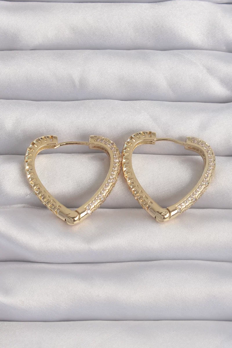 Pirinç Gold Renk Zirkon Taşlı Motifli Kalp Küpe - Lisinya