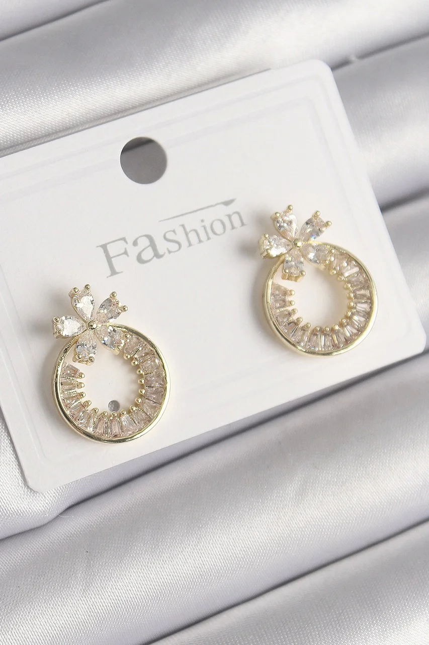 Pirinç Gold Renk Zirkon Taşlı Halka Model Çiçek Figür Kadın Küpe 