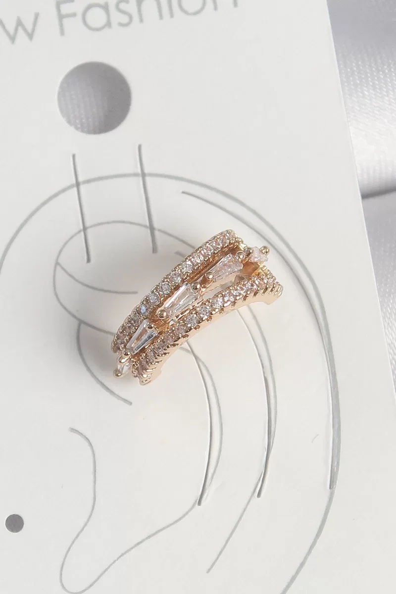 Pirinç Gold Renk Zirkon Taşlı 3'Lü Sıralı Model Kadın Kıkırdak Küpe - Lisinya